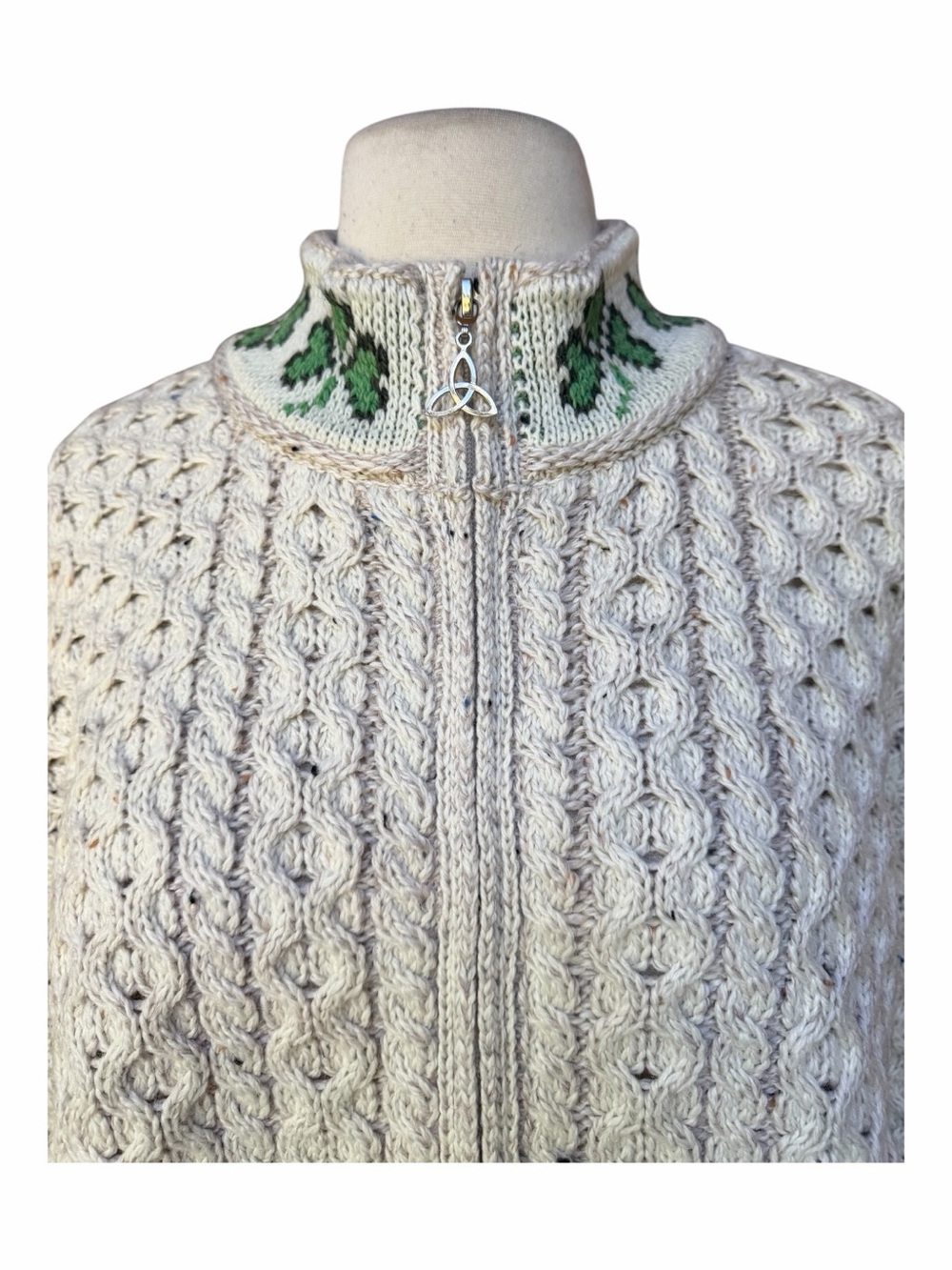 Deadstock w/o Tag 1990s Aran Crafts 100% Merino Wool Oatmeal Shamrock Zip Cardig - Picture 2 of 6
